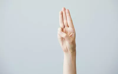 a white hand holding up the scout's honor symbol.