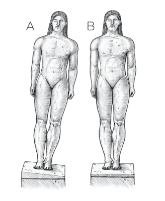 a statue on the left on a title pedestal, a statue on the right on a level pedestal.