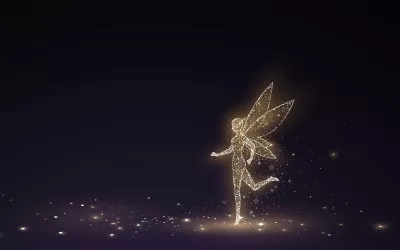 A fairy dances in the dark.