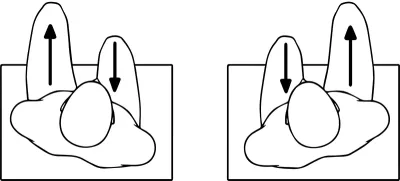 a sketched figure sitting down on a square, bent at the knees, moving the legs back and forth like "walking" the ischial tuberosities. 