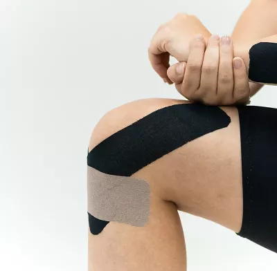 A person with black kinesio tape on their leg, wrist, and knee. 
