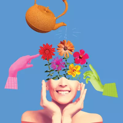 Conceptual image with a tea pot watering flowers emanating from a woman's head.