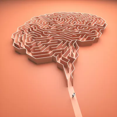 A person walks toward a pink maze shaped like a brain.
