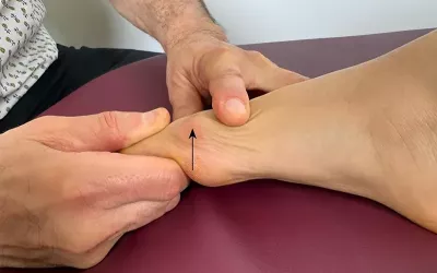 A massage therapist oscillates a big toe upward.