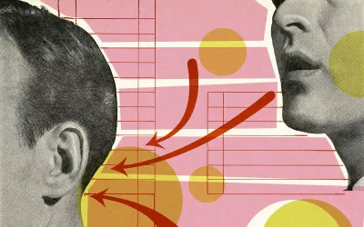 Illustration shows one person providing info to another verbally.