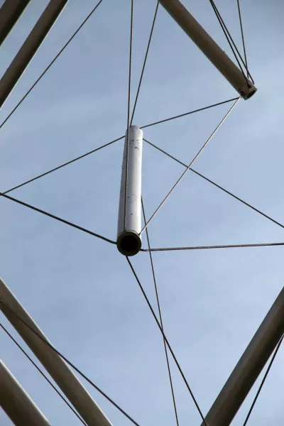 A tensegrity structure photographed from beneath.