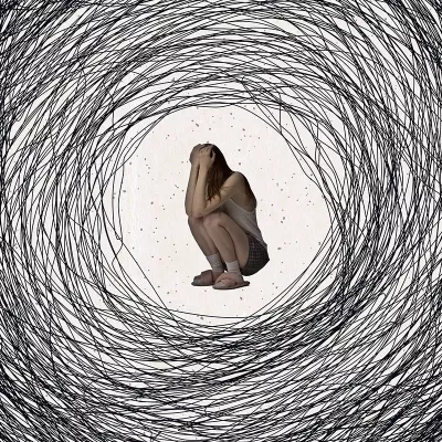 An illustration of a person crouching and covering their face with dark spirals surrounding them.