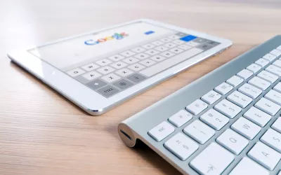 View of tablet and keyboard.