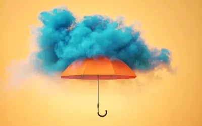 A digital illustration of an orange umbrella in a dark blue cloud.