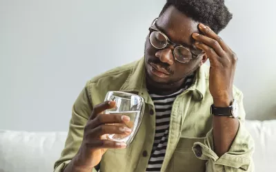 A Black man holds a glass of water and holds his forehead in pain from a headache.