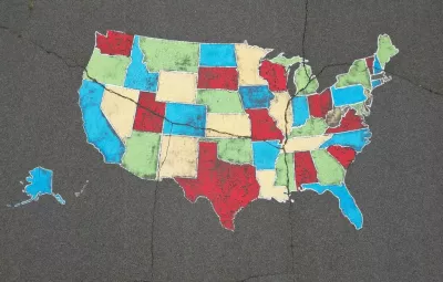 A color-blocked map of the United States with red, green, yellow and blue.