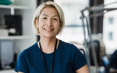 A woman smiling and looking at the camera.