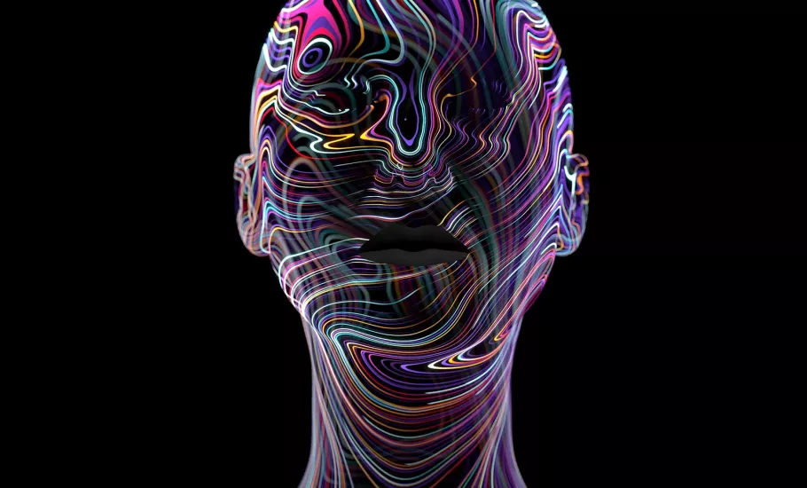 See-through human figure filled with swirling neon lines of color representing nerve endings.