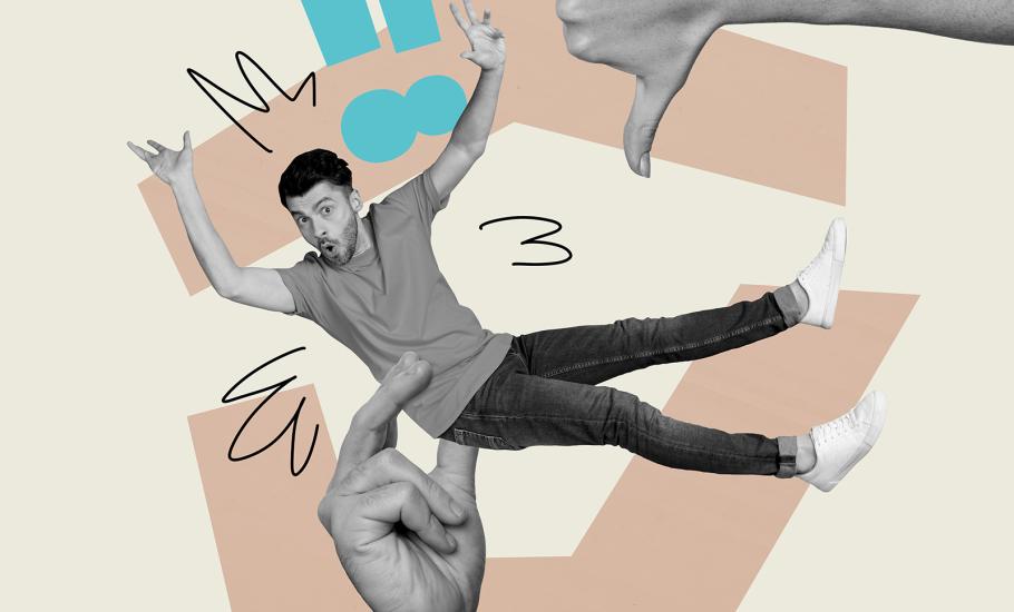 Illustrated image of a man behind held by a hand.