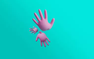 conceptual, pink rubber gloves on teal background.