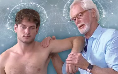 Erik Dalton moves and adjustes a male client with brain wave graphics in the background.