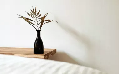 an empty spa service room with white walls and sheets with a single plant on the table.