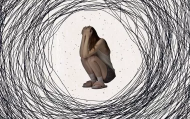 Illustration of a person crouching and covering their face with dark spirals drawn around them.