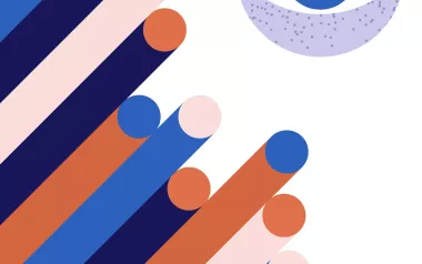 Abstract illustration of eye with diagonal lines in three colors.