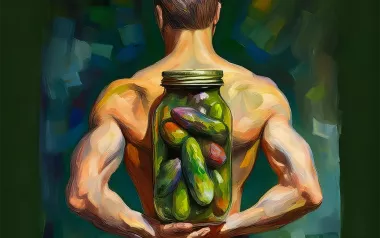An AI-generated image shows a man holding a jar of pickles between his lats.