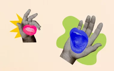 Conceptual image of mouths smiling and talking in hands.
