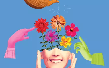 Conceptual image with a tea pot watering flowers emanating from a woman's head.