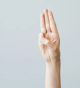 A hand displays the middle three fingers in a Scout's Honor pose with thumb and pinky finger touching.
