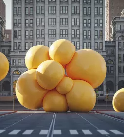 Giant, yellow globules, possibly mirroring fat globules, bounce through a city street.