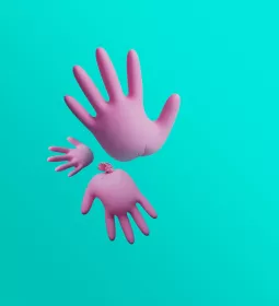 conceptual, pink rubber gloves on teal background.
