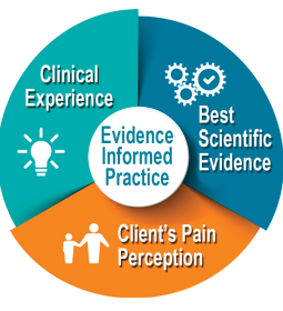 a circle chart divided in thirds, showing clinical experience in one third, best scientific evidence in the second third, and client's pain perception in the last third.