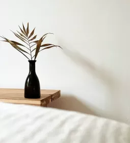 an empty spa service room with white walls and sheets with a single plant on the table.