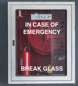 A glass fire case reads &quot;in case of emergency break glass&quot;.