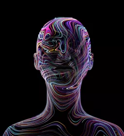 See-through human figure filled with swirling neon lines of color representing nerve endings.