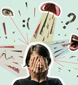 Woman bombarded by incoming communication.