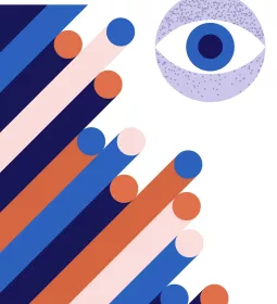 Abstract illustration of eye with diagonal lines in three colors.