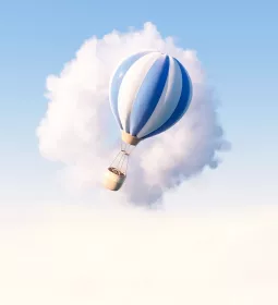 An illustration of a hot-air balloon passing in front of a cloud.