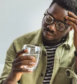 A Black man holds a glass of water and holds his forehead in pain from a headache.