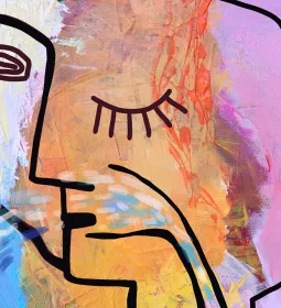 A modernist painting of a face, with one eye open and one eye closed.