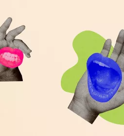Conceptual image of mouths smiling and talking in hands.