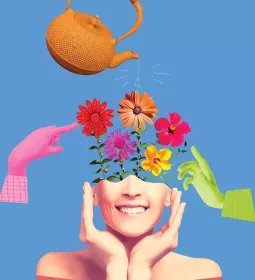 Conceptual image with a tea pot watering flowers emanating from a woman's head.
