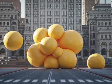 Giant, yellow globules, possibly mirroring fat globules, bounce through a city street.