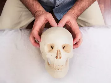 An MT demonstrates the parietal technique on a skull. 