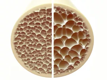 a slice of bone showing what the cellular makeup looks like with and without osteoporosis.