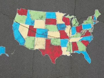A color-blocked map of the United States with red, green, yellow and blue.