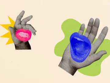 Conceptual image of mouths smiling and talking in hands.