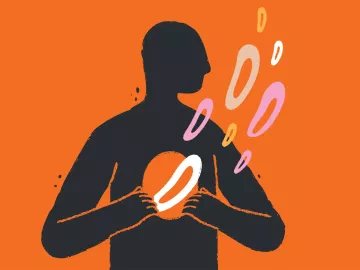Illustration of a person opening their chest to allow multiple letter O's to escape.