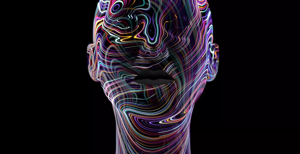 See-through human figure filled with swirling neon lines of color representing nerve endings.