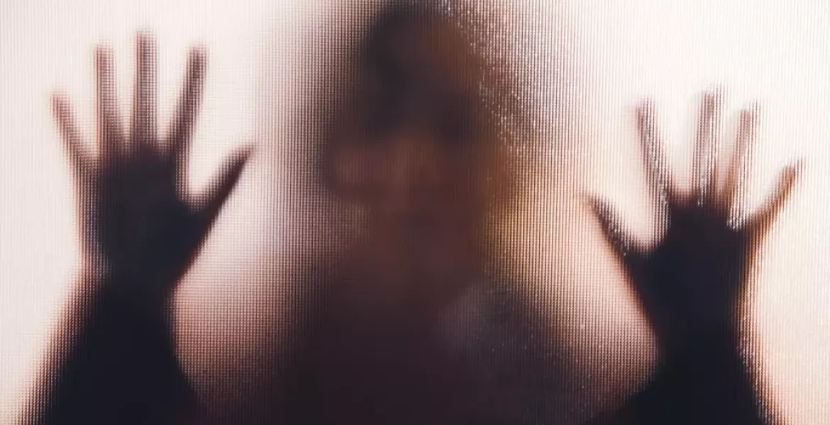 Shadow of a person trapped behind a pixelated wall.